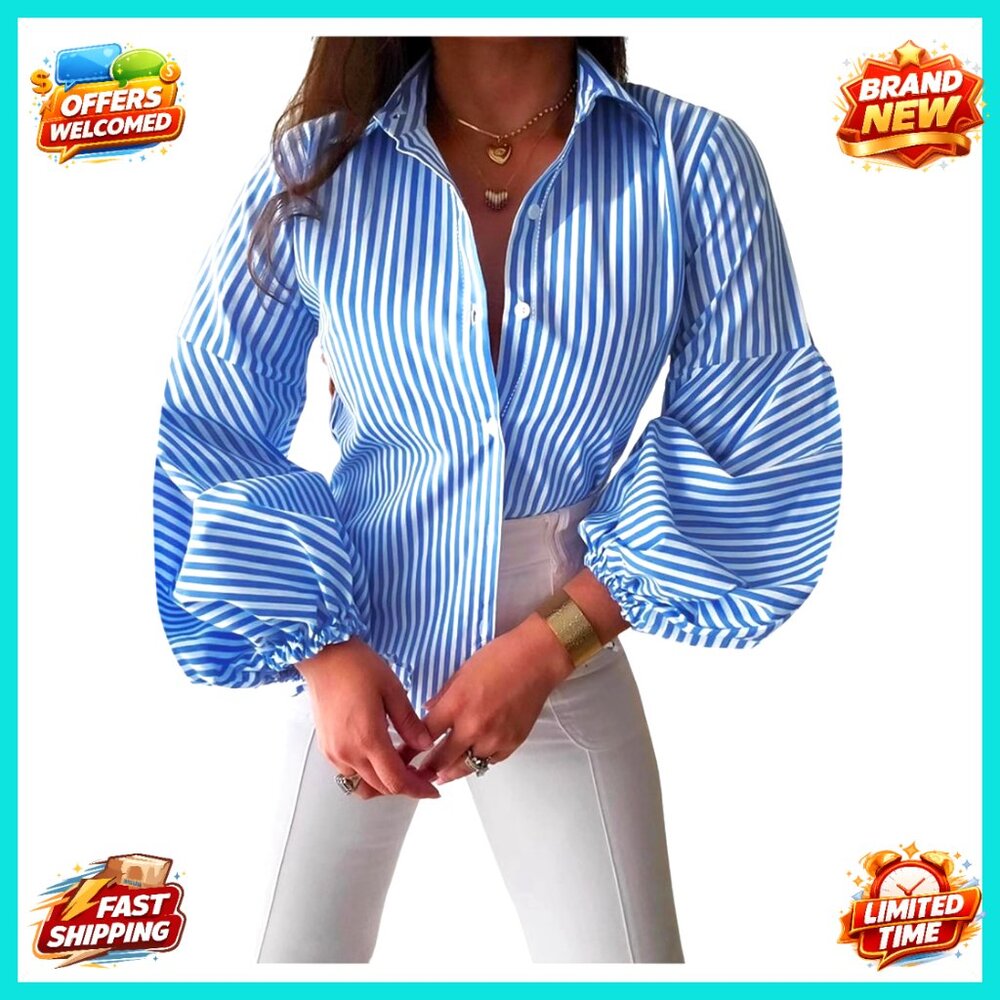 Striped Balloon Sleeve Button Down Blouse Collared Fall Fashion Top - Picture 1 of 5